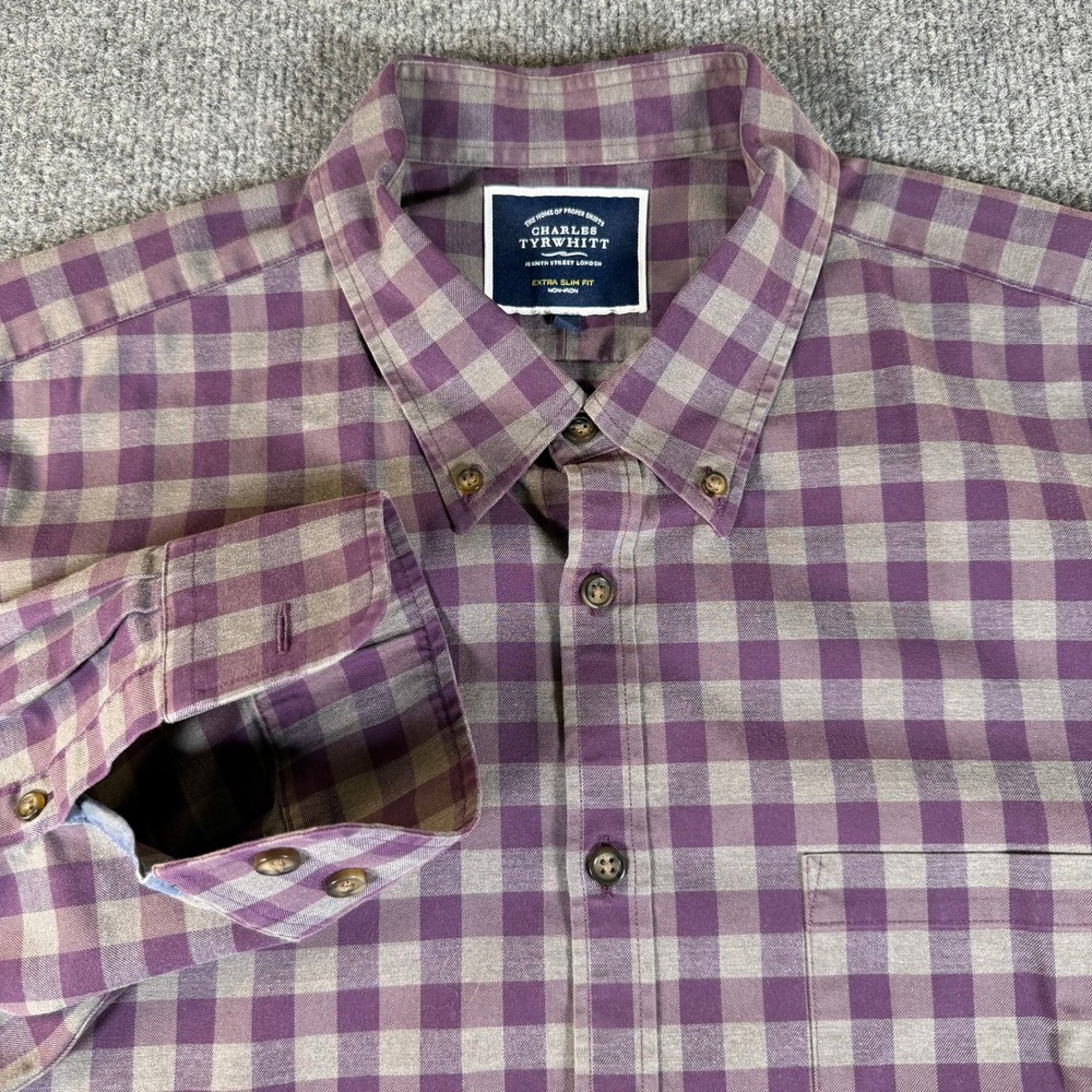 Charles Tyrwhitt Extra Slim Fit Non-Iron Gingham Shirt Men XL Purple Check #3791
